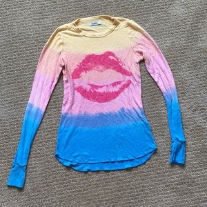 Lauren Moshi Pink and Blue Long Sleeve Tee with Lip Graphic